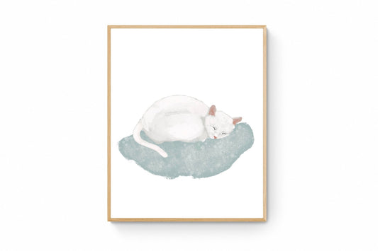 Sleeping White Cat Print - MerikaArt