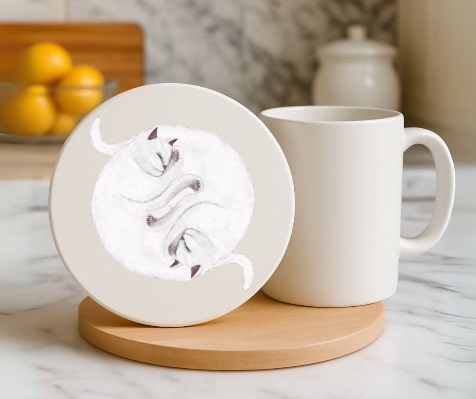 Sleeping White Cats Ceramic Coaster - MerikaArt