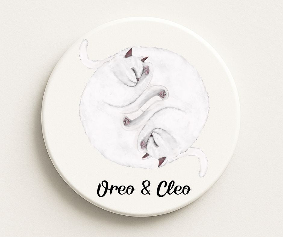 Sleeping White Cats Ceramic Coaster - MerikaArt