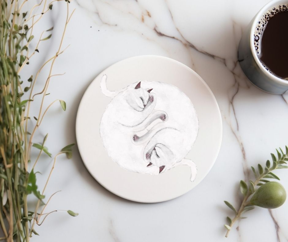 Sleeping White Cats Ceramic Coaster - MerikaArt