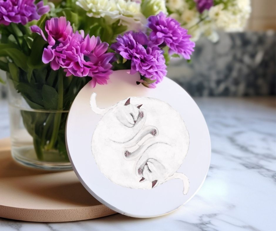 Sleeping White Cats Ceramic Coaster - MerikaArt