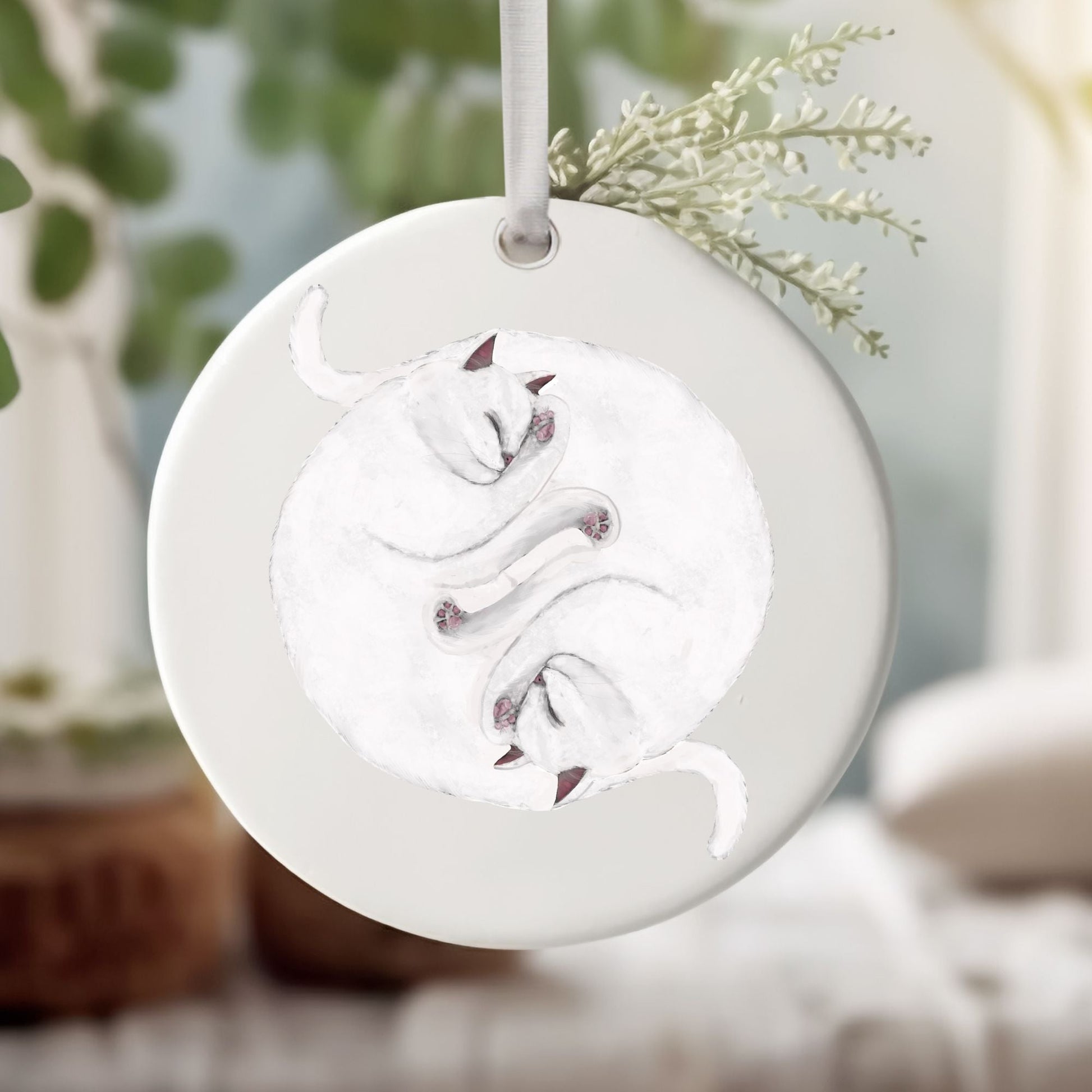 Sleeping White Cats Ceramic Ornament - MerikaArt