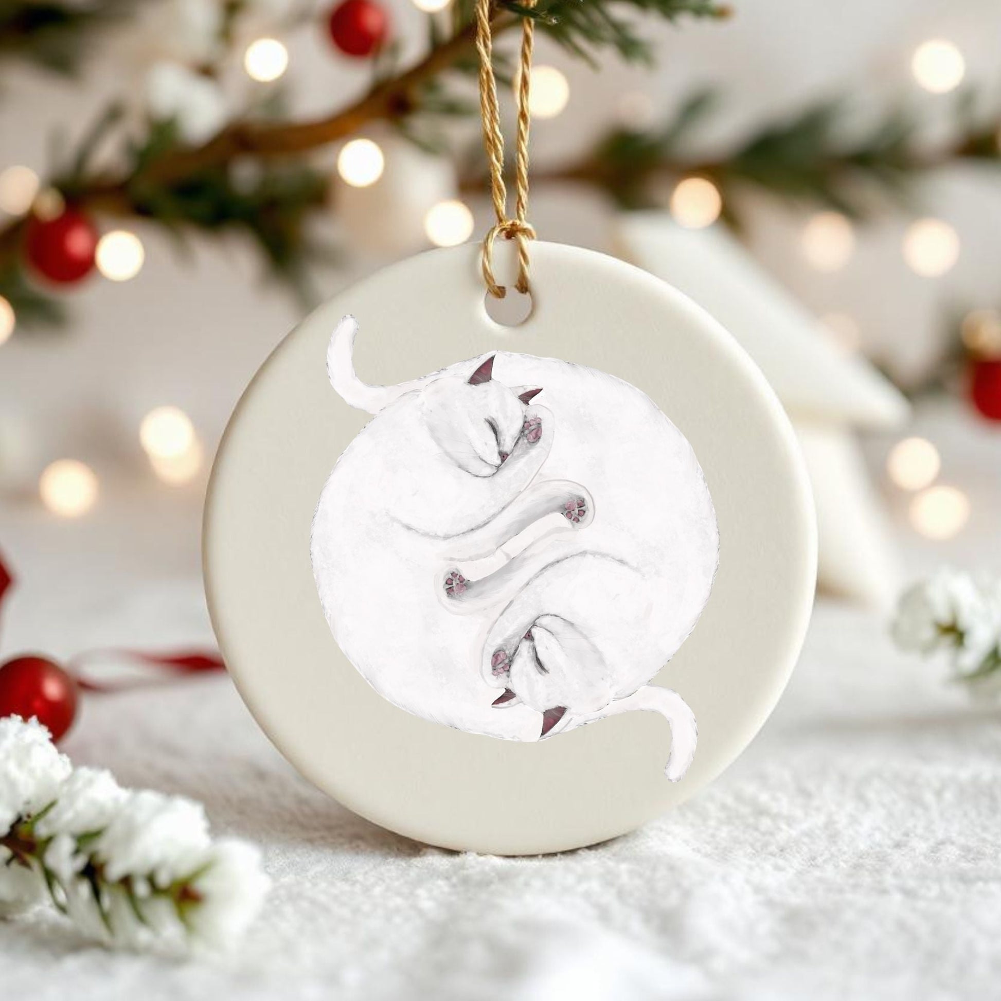 Sleeping White Cats Ceramic Ornament - MerikaArt