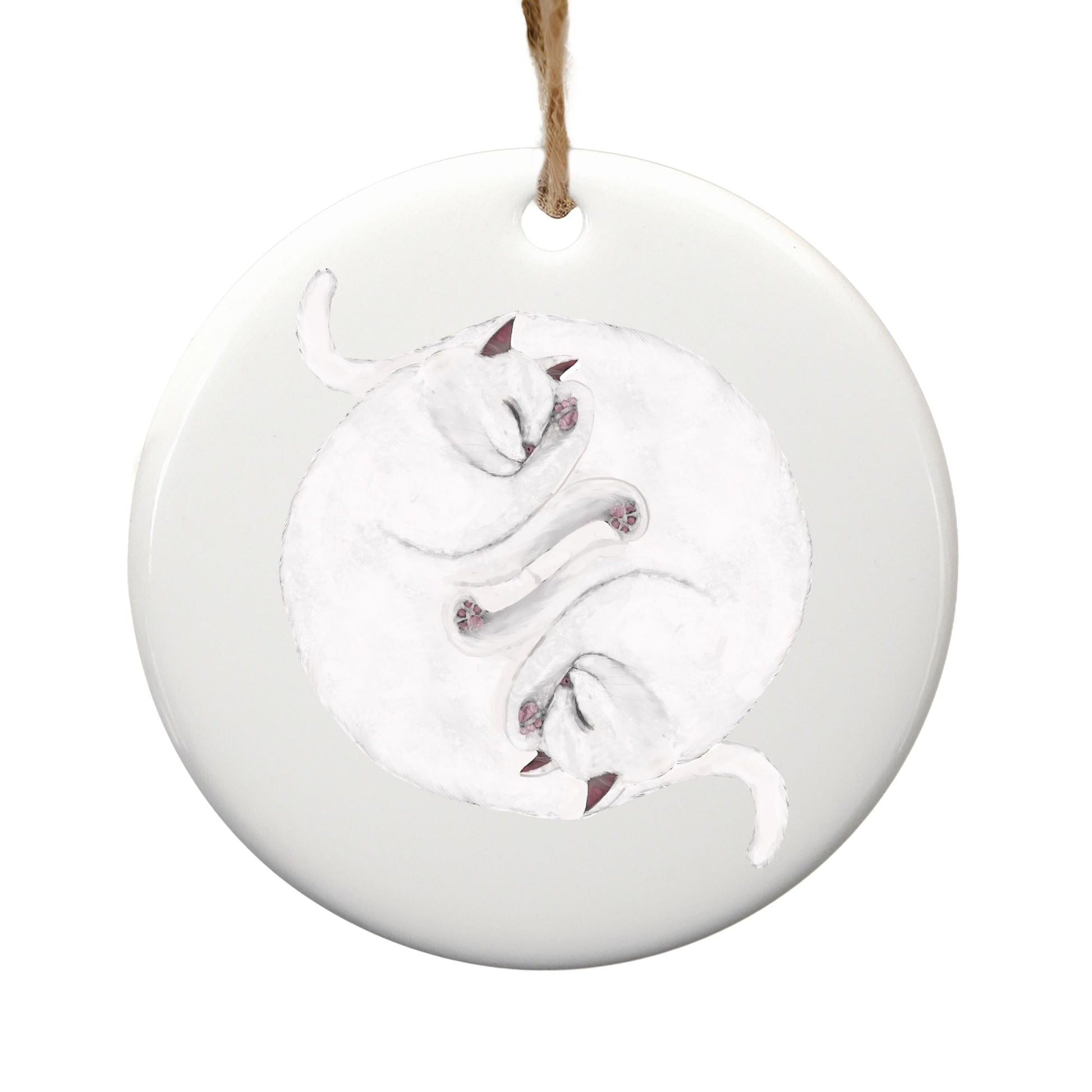 Sleeping White Cats Ceramic Ornament - MerikaArt