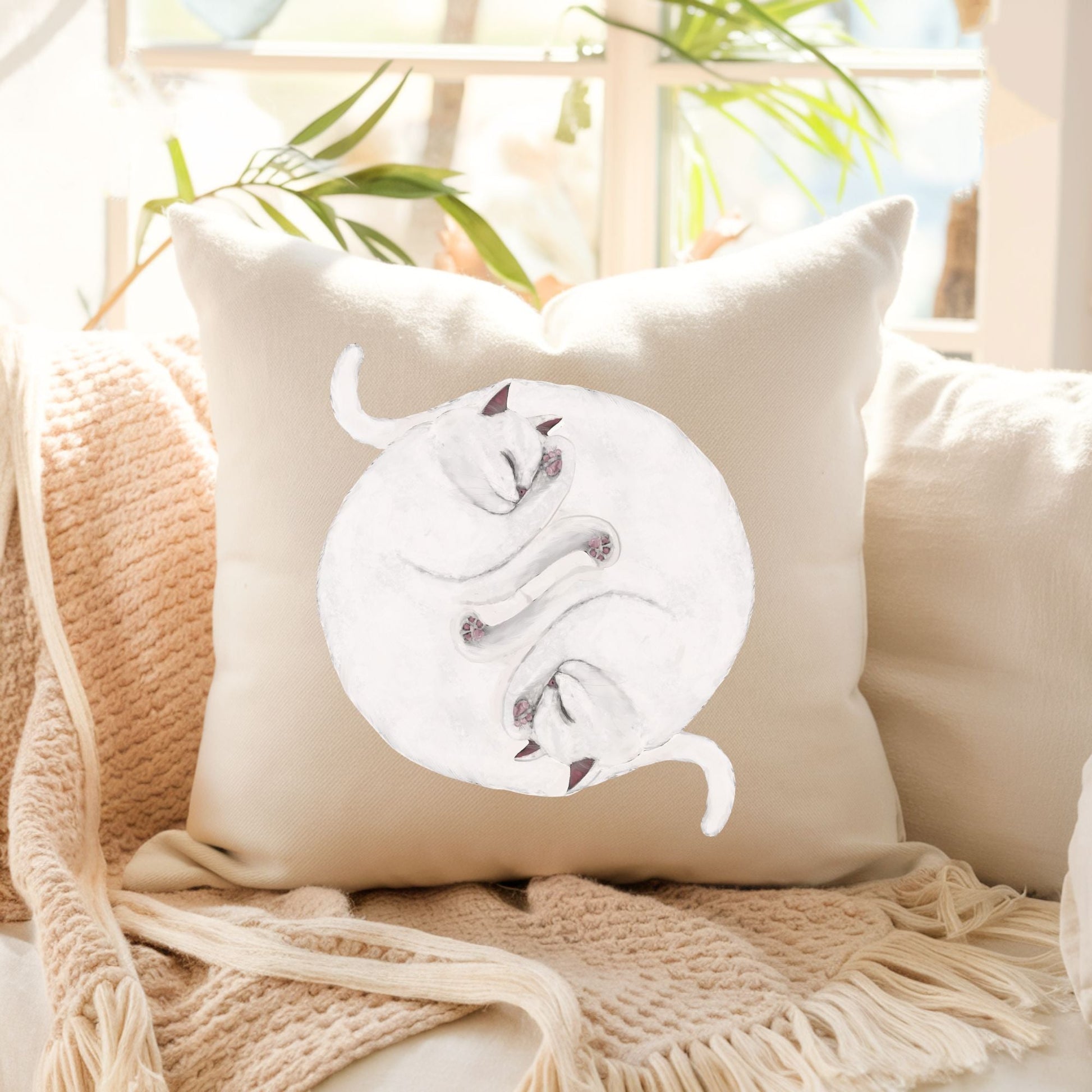 Sleeping White Cats Pillow - MerikaArt