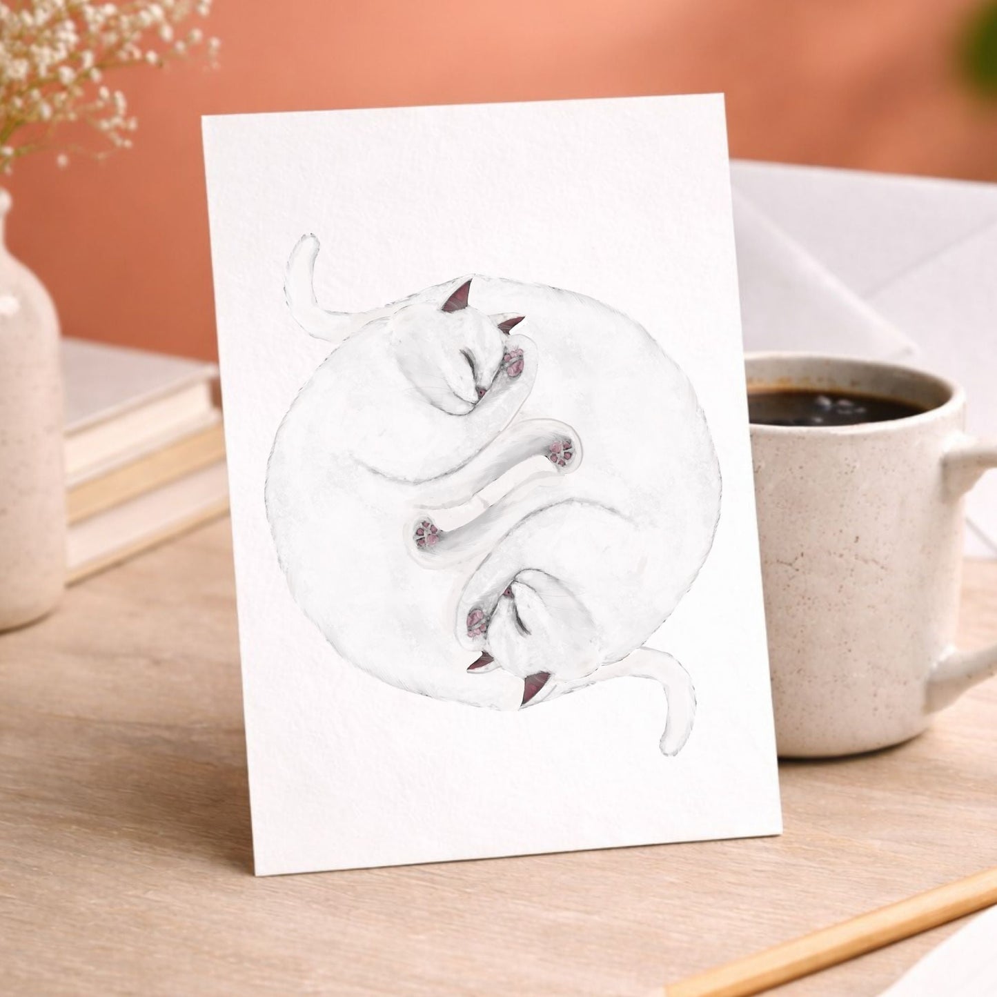 Sleeping White Cats Postcard - MerikaArt