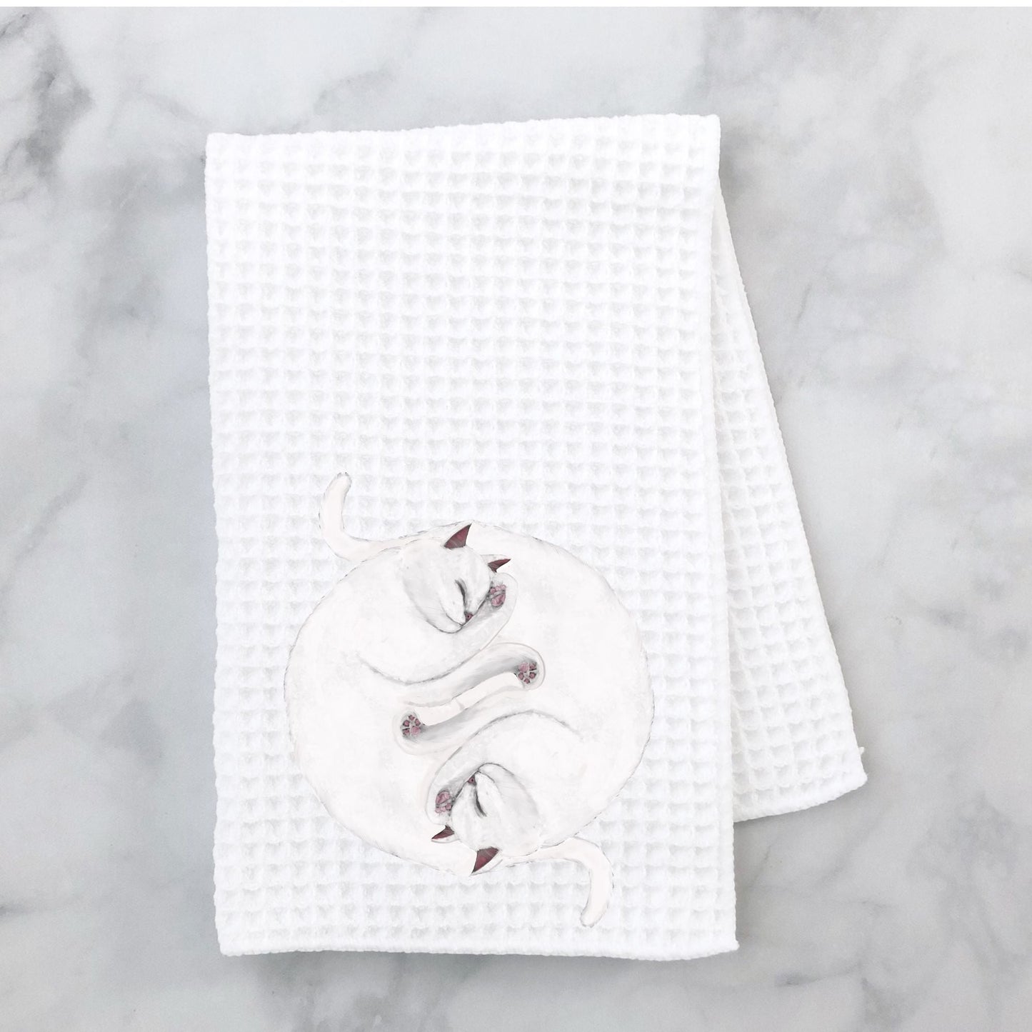 Sleeping White Cats Waffle Weave Kitchen Towel - MerikaArt