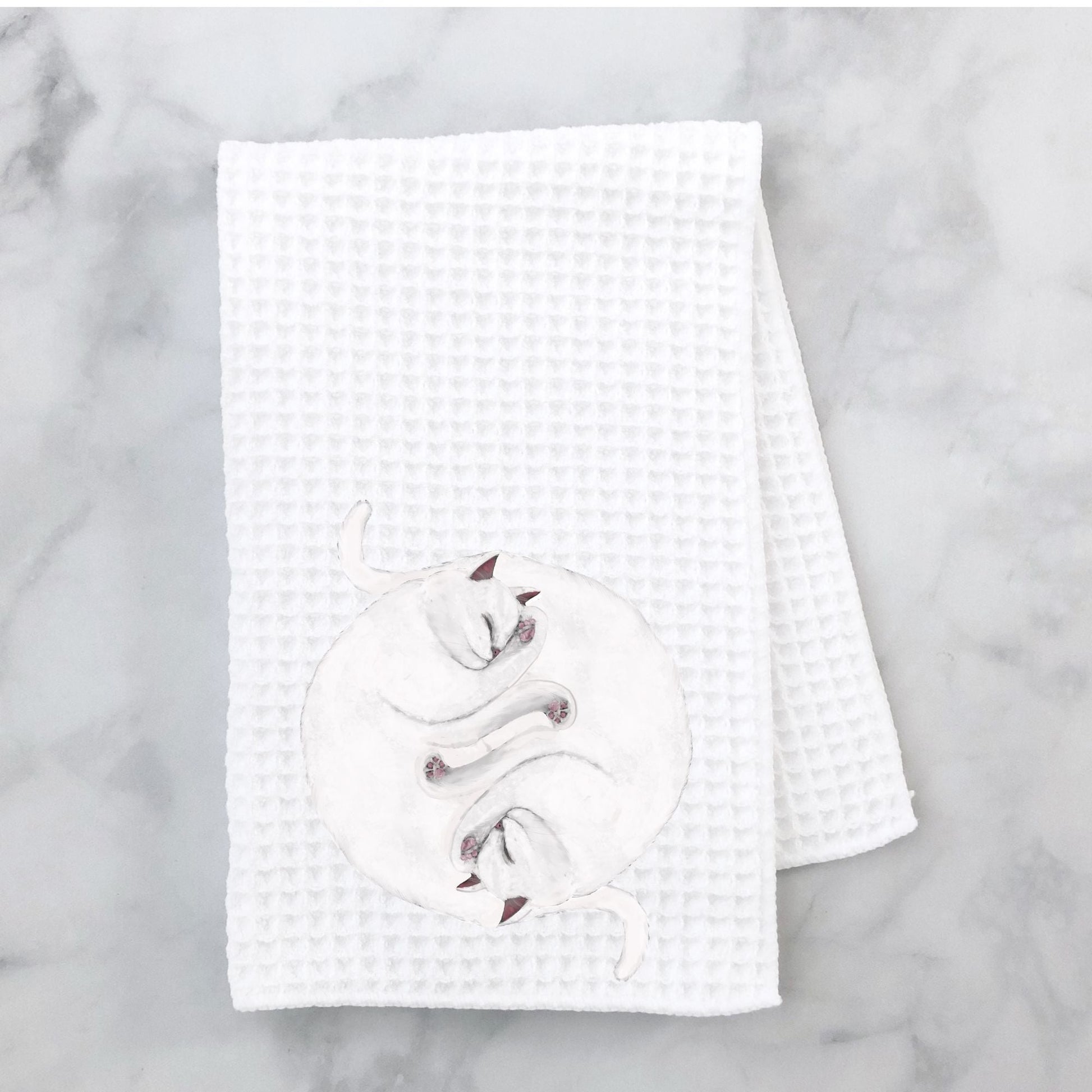 Sleeping White Cats Waffle Weave Kitchen Towel - MerikaArt
