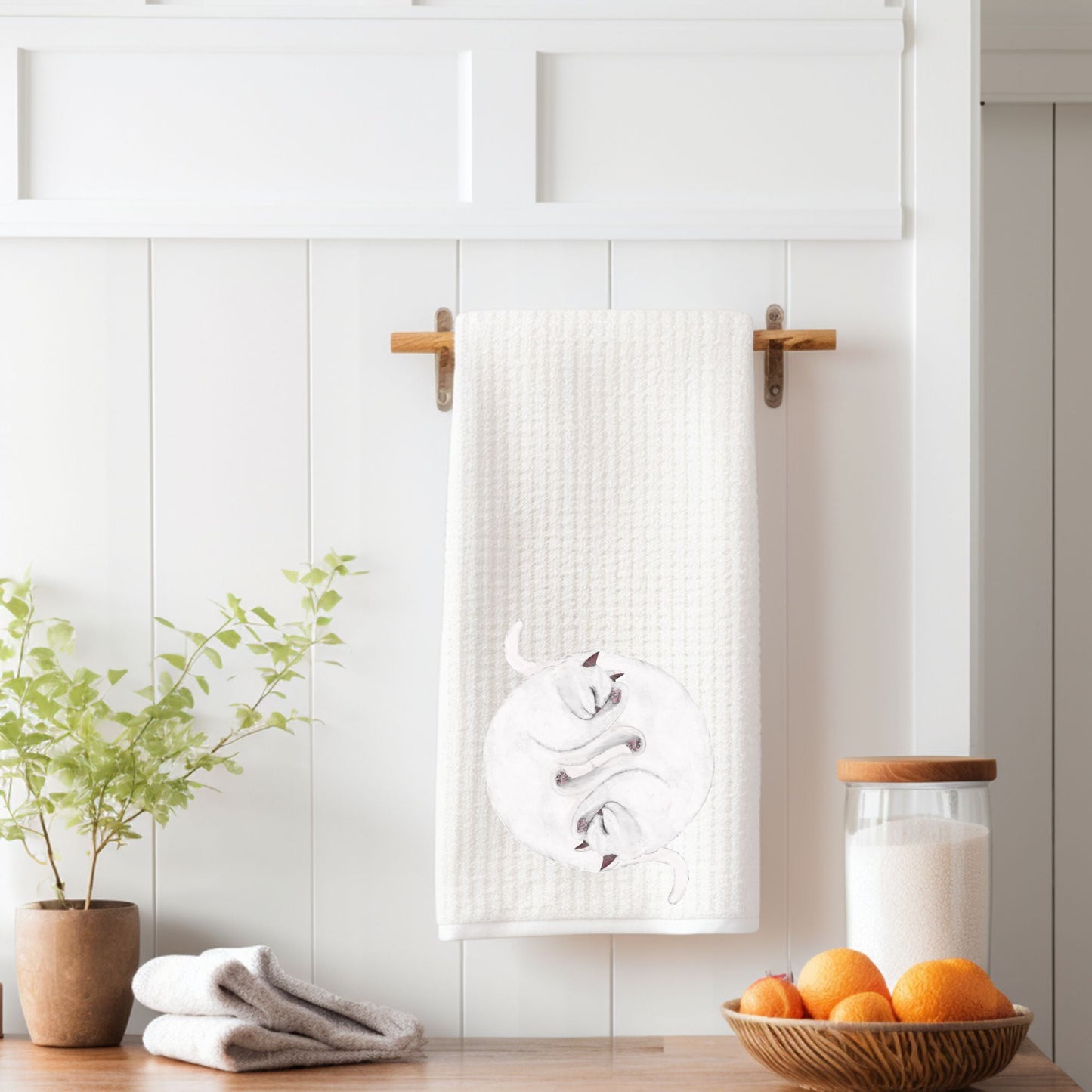 Sleeping White Cats Waffle Weave Kitchen Towel - MerikaArt