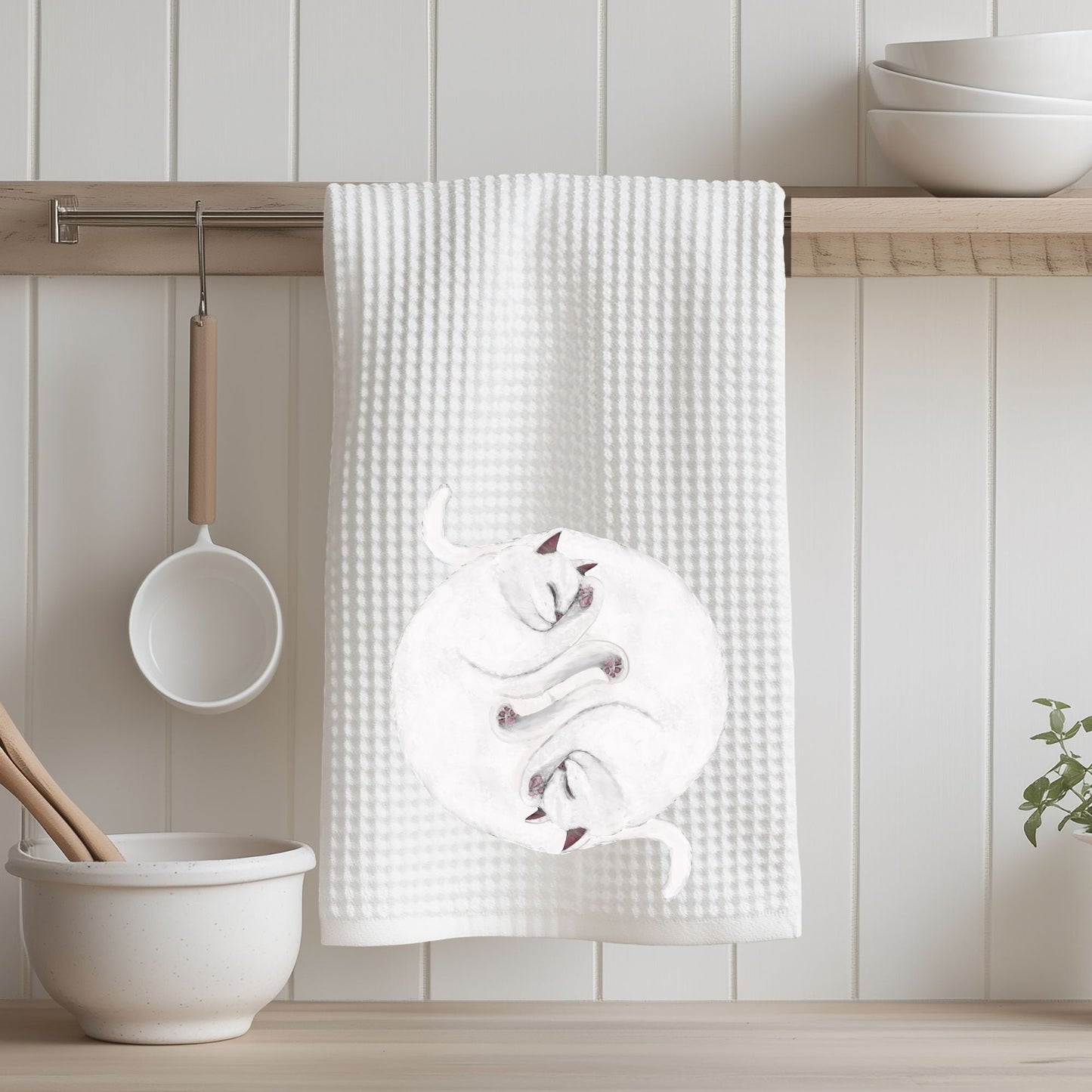 Sleeping White Cats Waffle Weave Kitchen Towel - MerikaArt