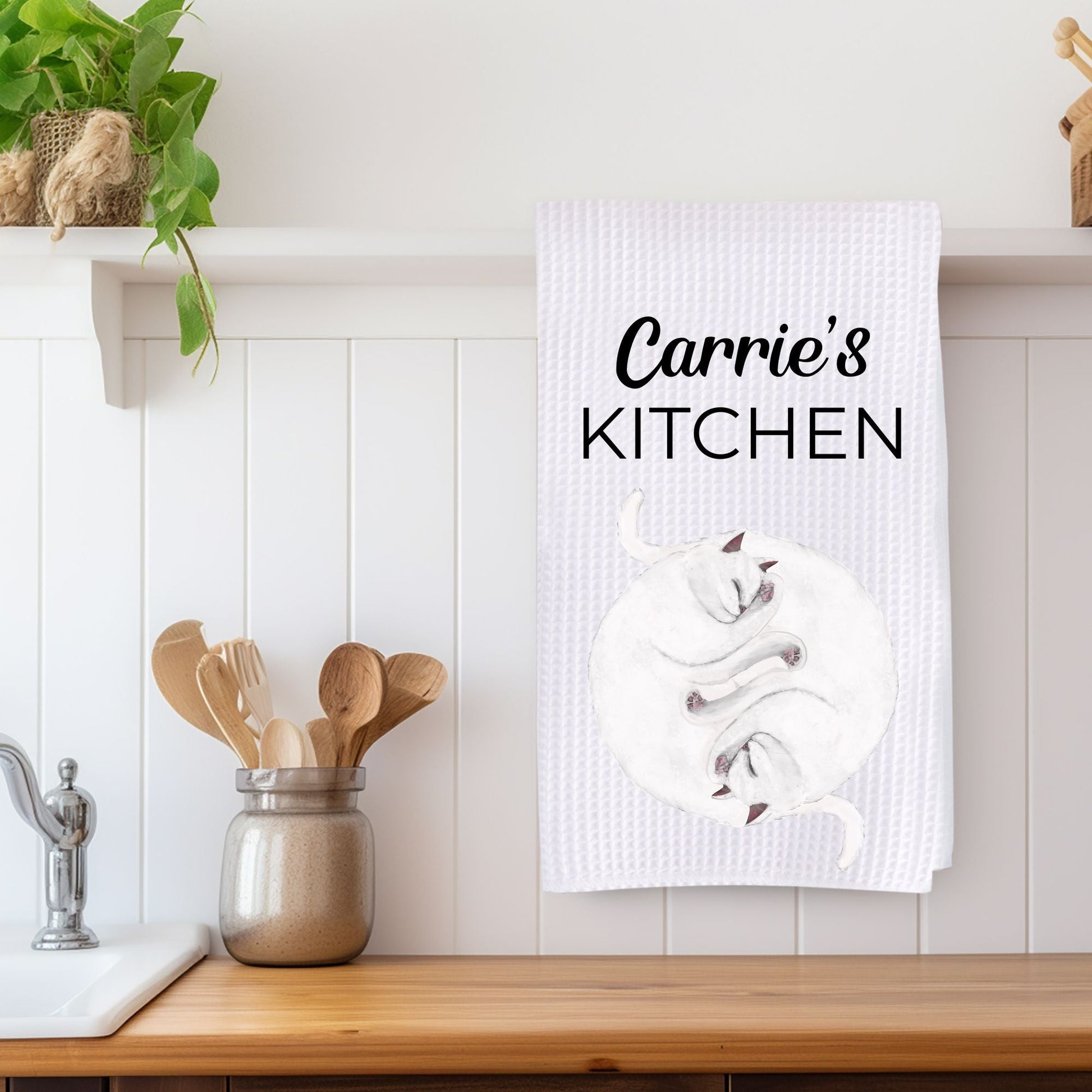 Sleeping White Cats Waffle Weave Kitchen Towel - MerikaArt