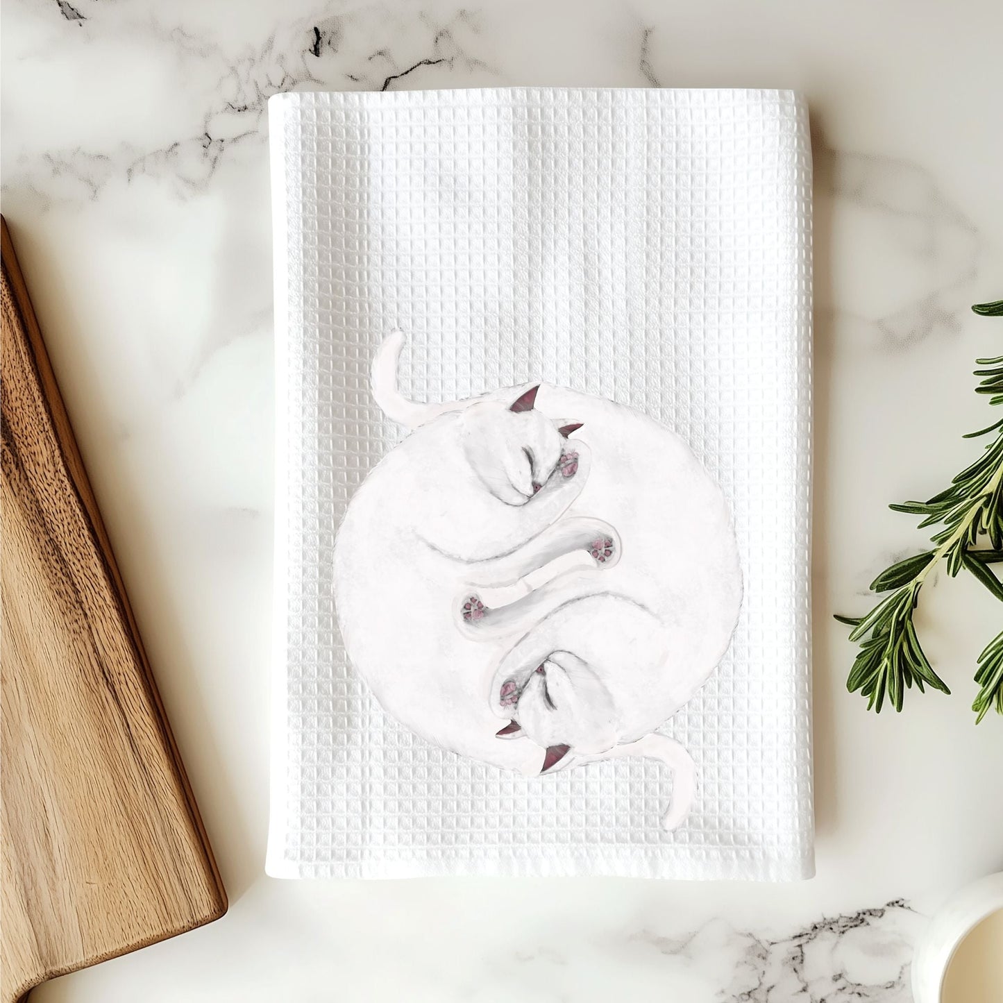 Sleeping White Cats Waffle Weave Kitchen Towel - MerikaArt