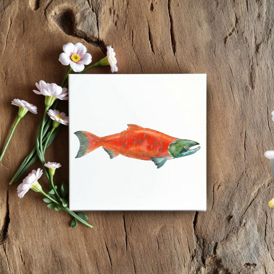 Sockeye Salmon Ceramic Tile – Handcrafted Marine Art - MerikaArt