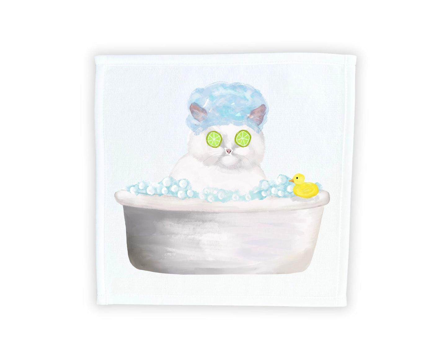 Spa Cat in Bathtub Washcloth – Relaxing Feline Illustration - MerikaArt