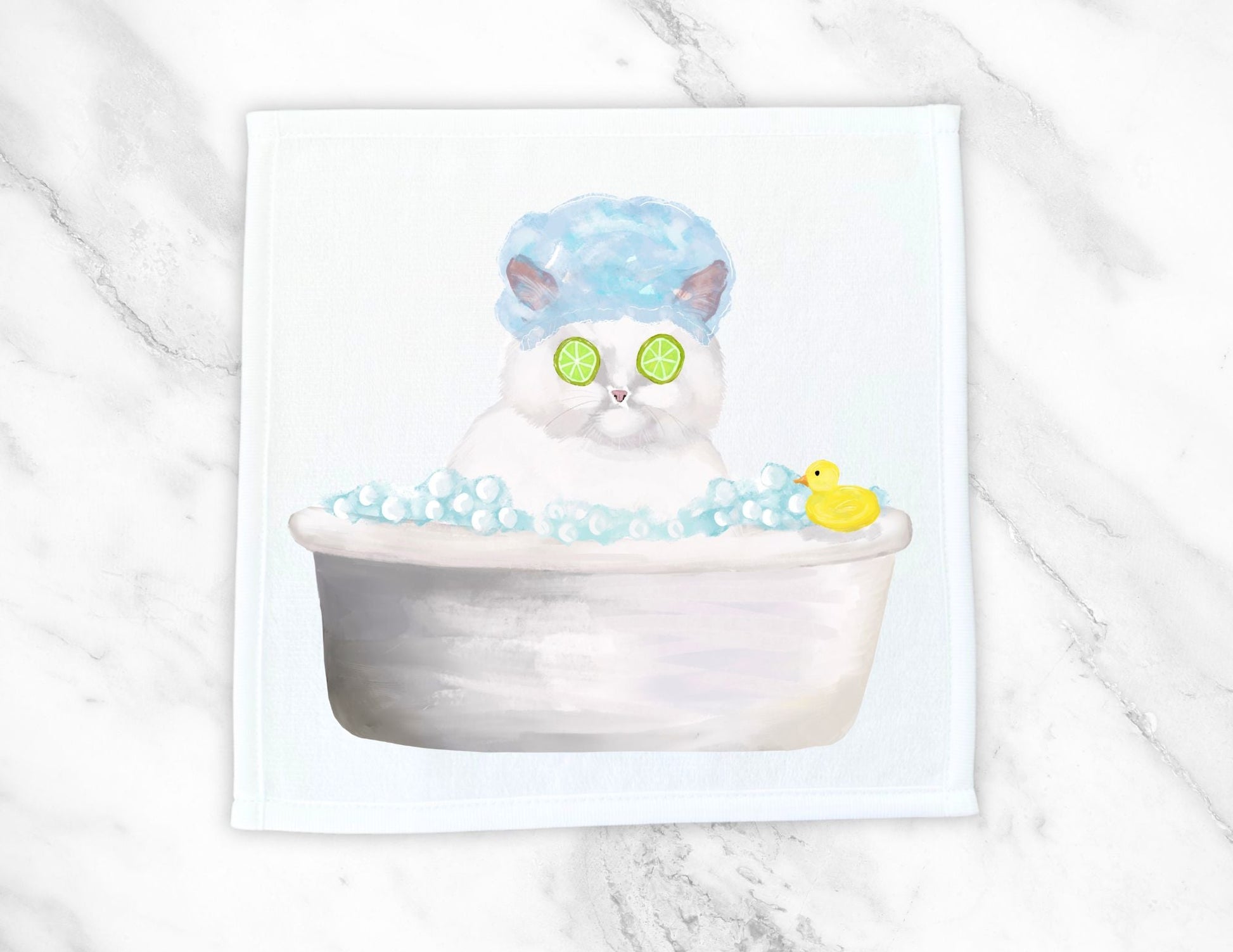 Spa Cat in Bathtub Washcloth – Relaxing Feline Illustration - MerikaArt