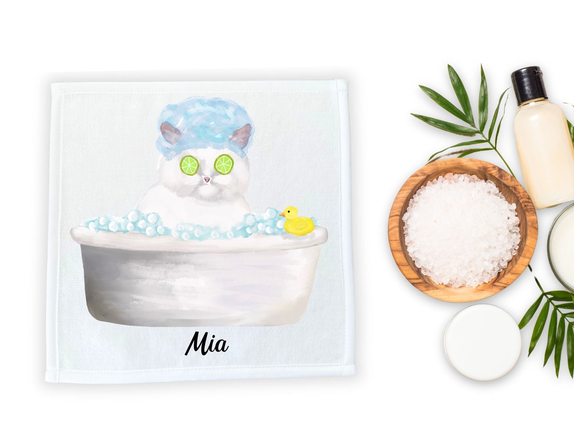 Spa Cat in Bathtub Washcloth – Relaxing Feline Illustration - MerikaArt