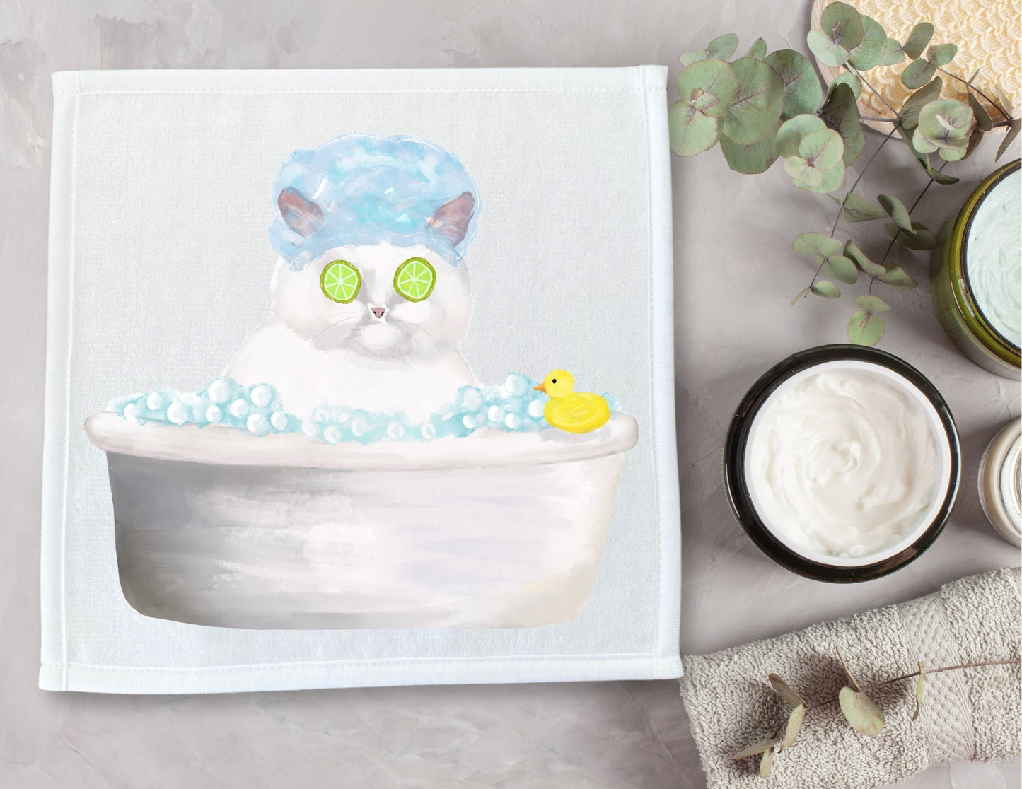 Spa Cat in Bathtub Washcloth – Relaxing Feline Illustration - MerikaArt