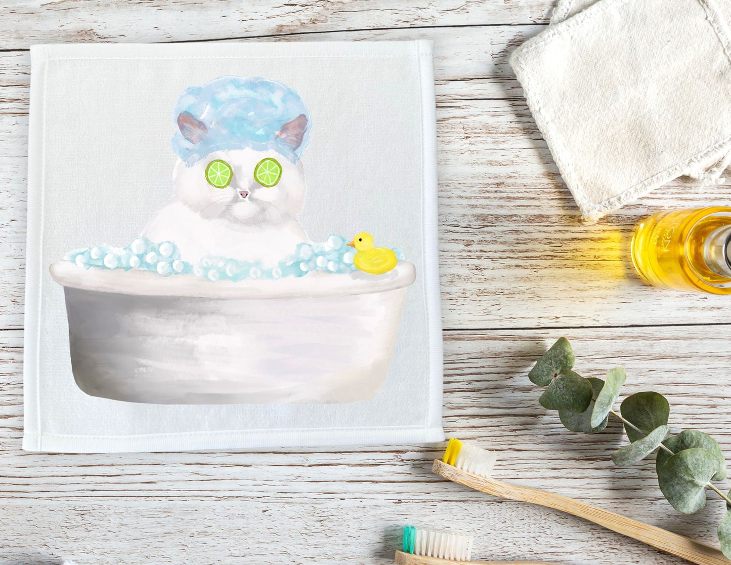 Spa Cat in Bathtub Washcloth – Relaxing Feline Illustration - MerikaArt