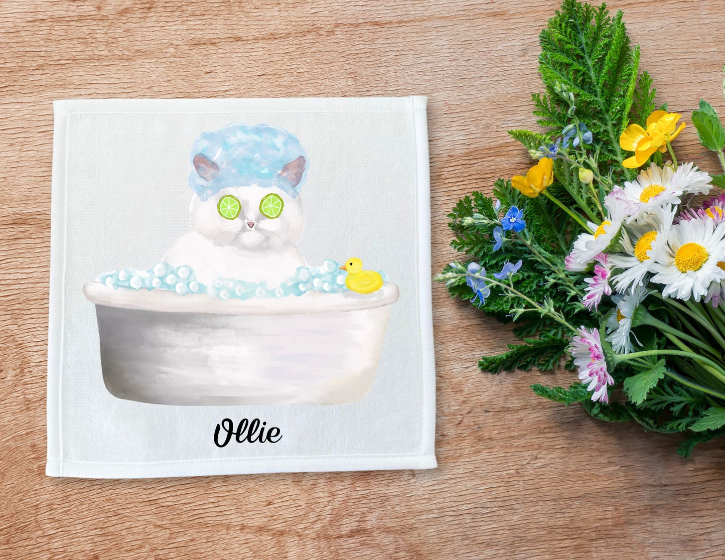 Spa Cat in Bathtub Washcloth – Relaxing Feline Illustration - MerikaArt