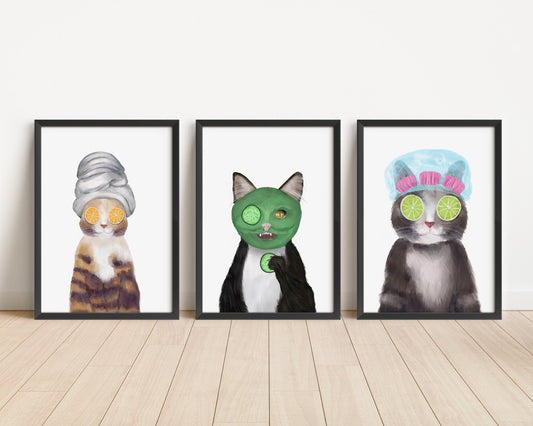 Spa Day Cat Art Print Set of 3 - Relaxing Cat Wall Art for Cat Lovers - MerikaArt