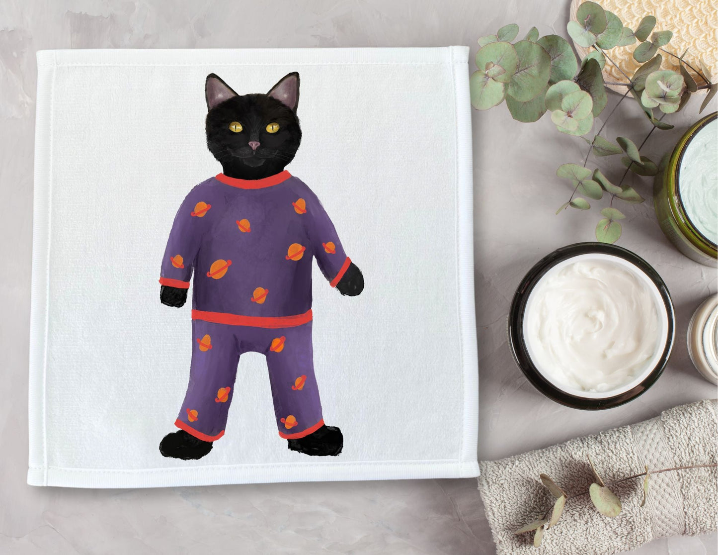 Space Cat in Pajamas Washcloth - MerikaArt