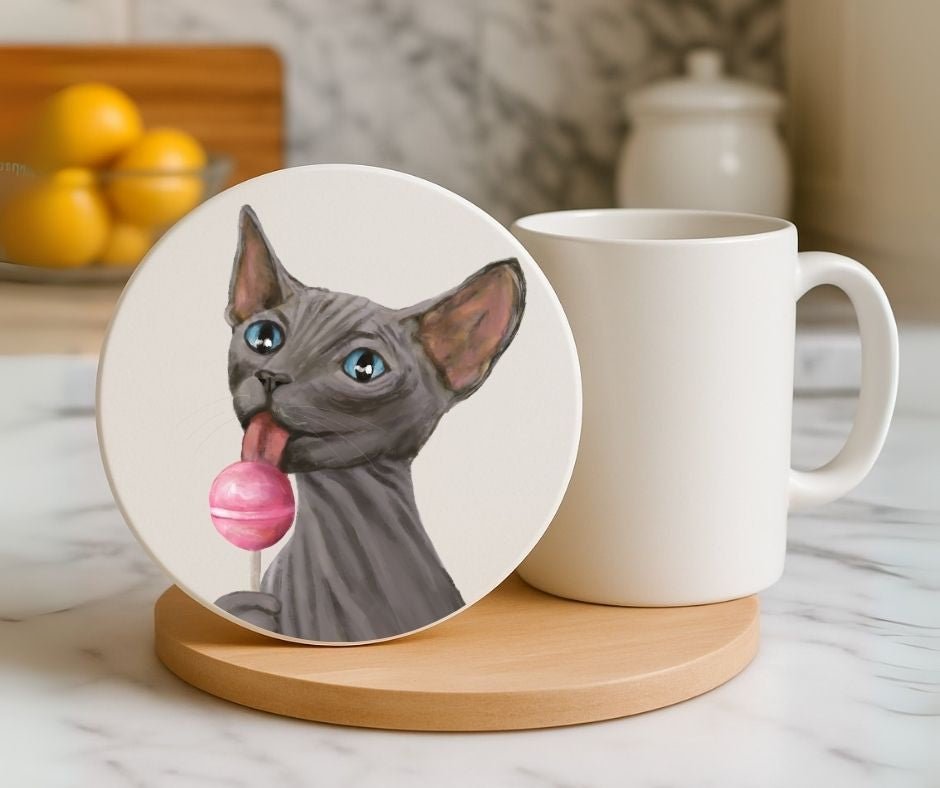Sphynx Cat Lollipop Ceramic Coaster - MerikaArt