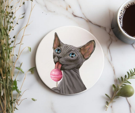Sphynx Cat Lollipop Ceramic Coaster - MerikaArt