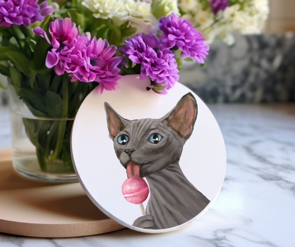 Sphynx Cat Lollipop Ceramic Coaster - MerikaArt