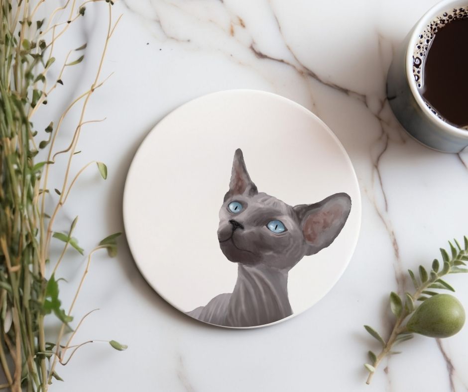 Sphynx Cat Portrait Ceramic Coaster - MerikaArt