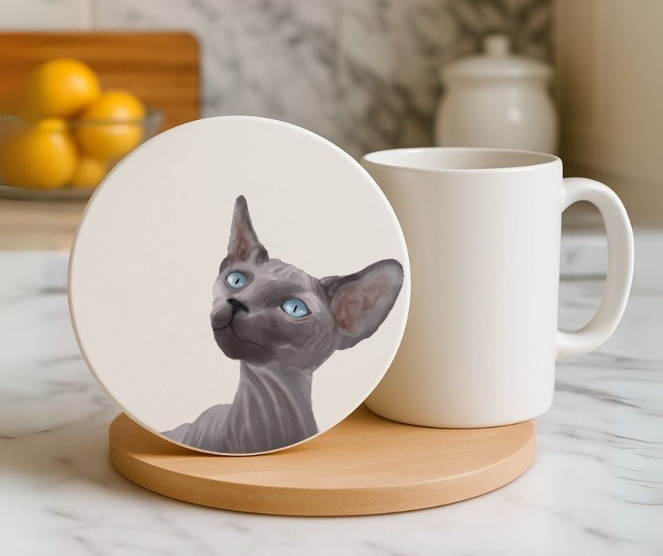 Sphynx Cat Portrait Ceramic Coaster - MerikaArt