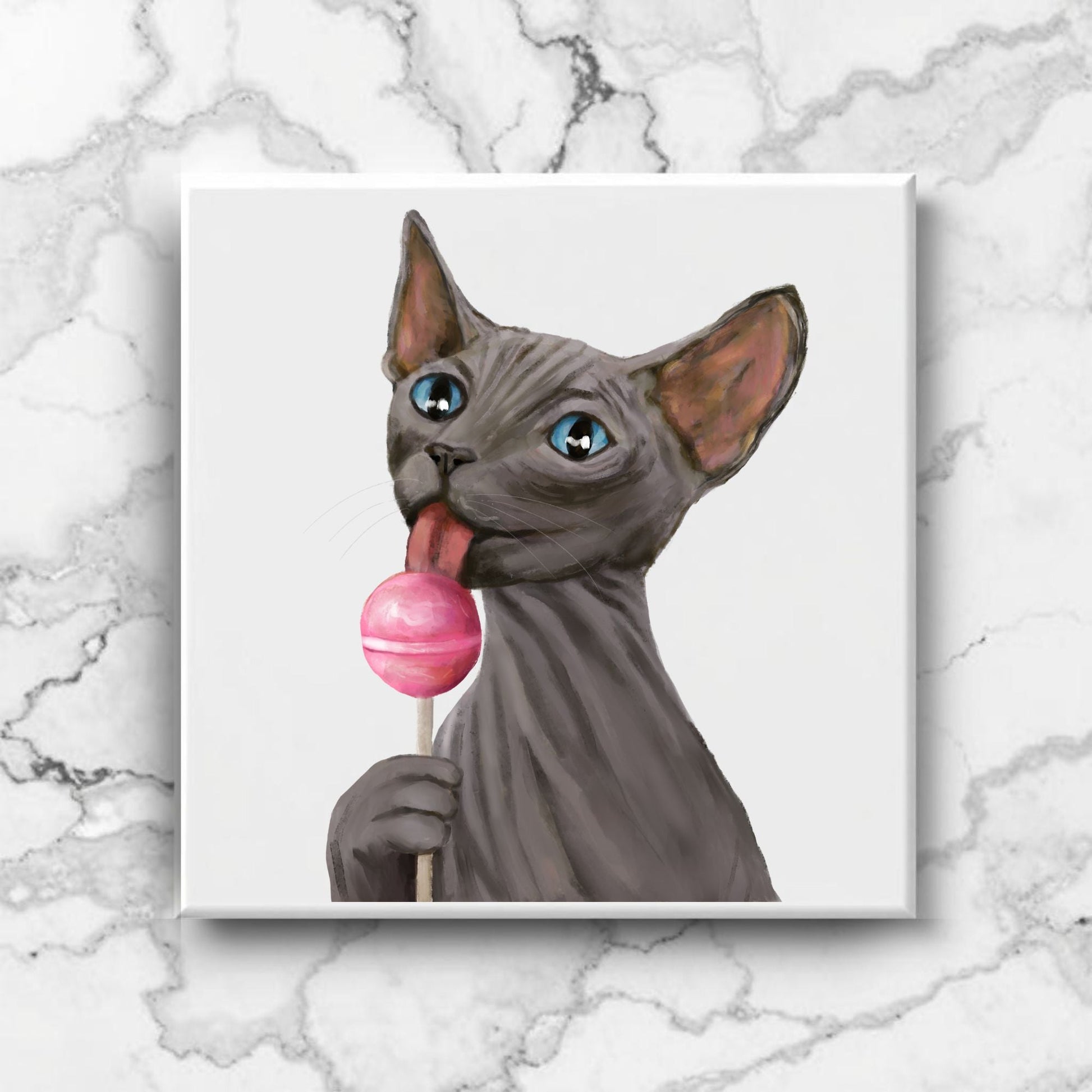 Sphynx Cat with Lollipop Ceramic Tile - MerikaArt