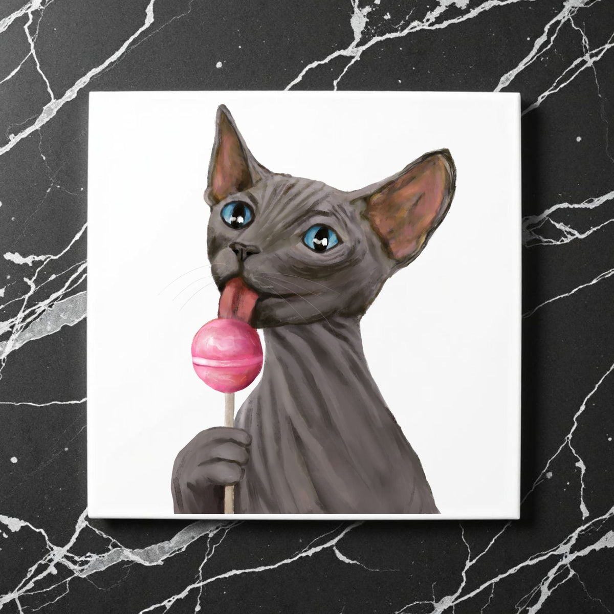 Sphynx Cat with Lollipop Ceramic Tile - MerikaArt
