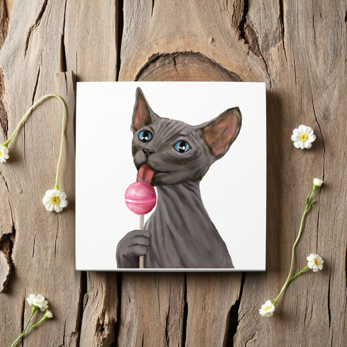 Sphynx Cat with Lollipop Ceramic Tile - MerikaArt