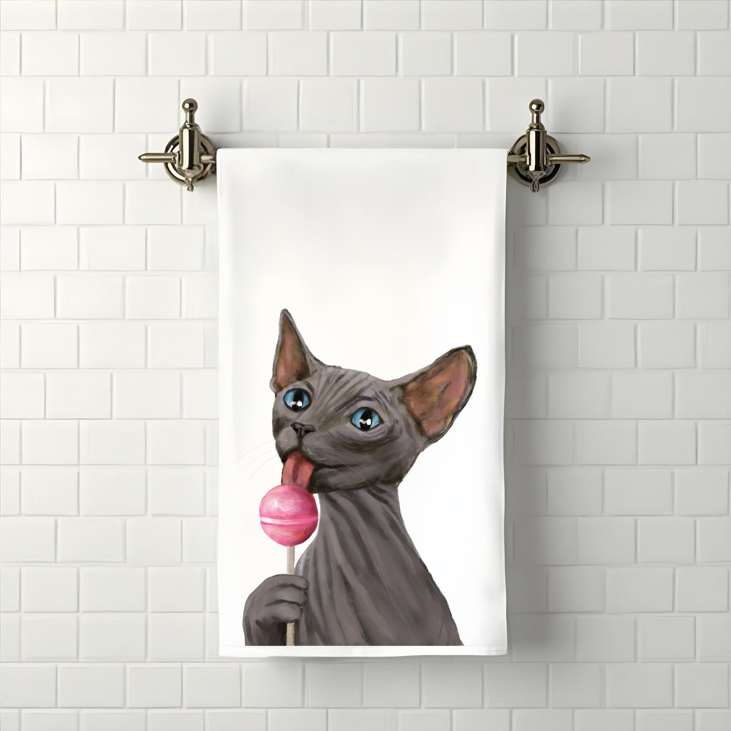 Sphynx Cat with Pink Lollipop Bathroom Towel - MerikaArt