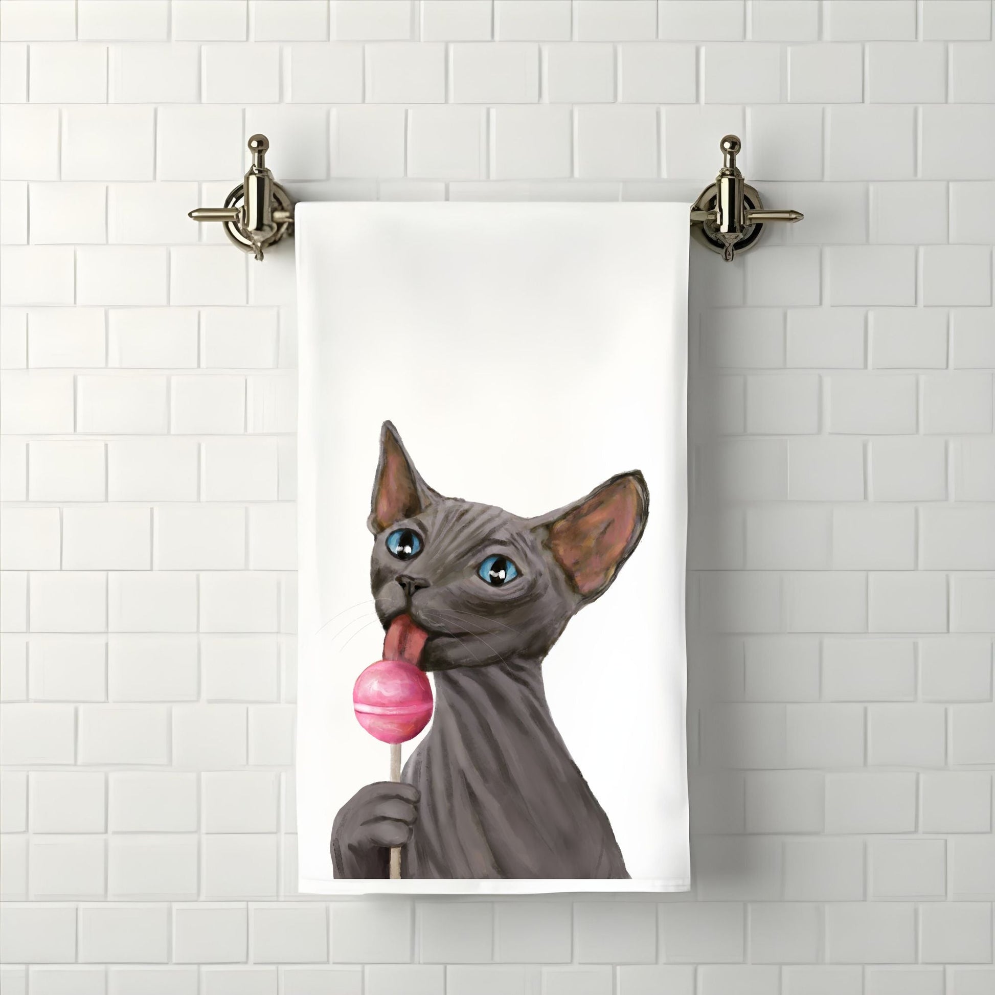Sphynx Cat with Pink Lollipop Bathroom Towel - MerikaArt