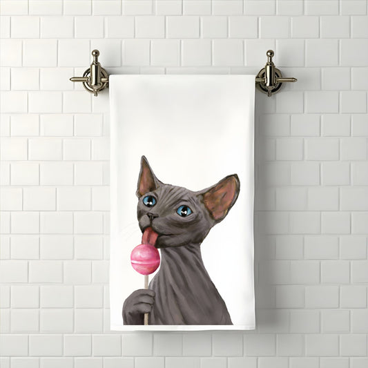 Sphynx Cat with Pink Lollipop Bathroom Towel - MerikaArt
