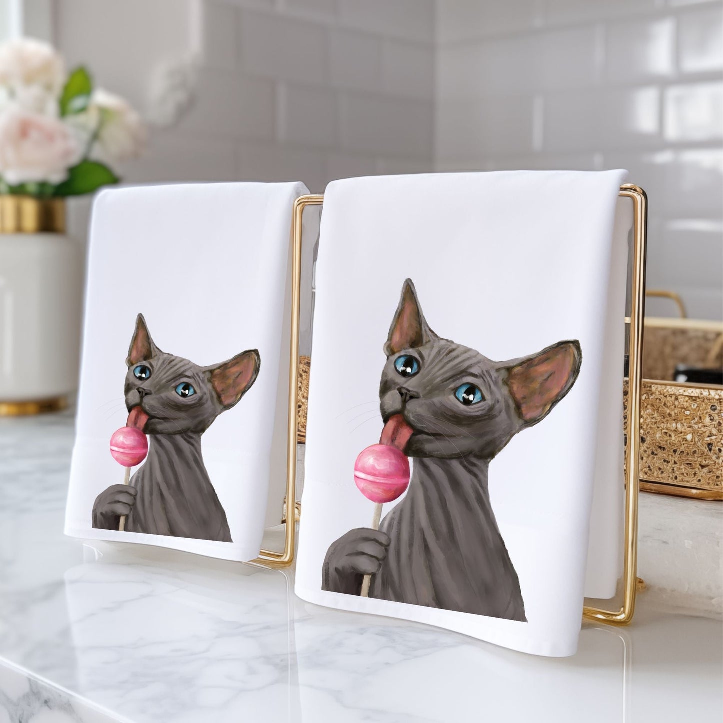 Sphynx Cat with Pink Lollipop Bathroom Towel - MerikaArt