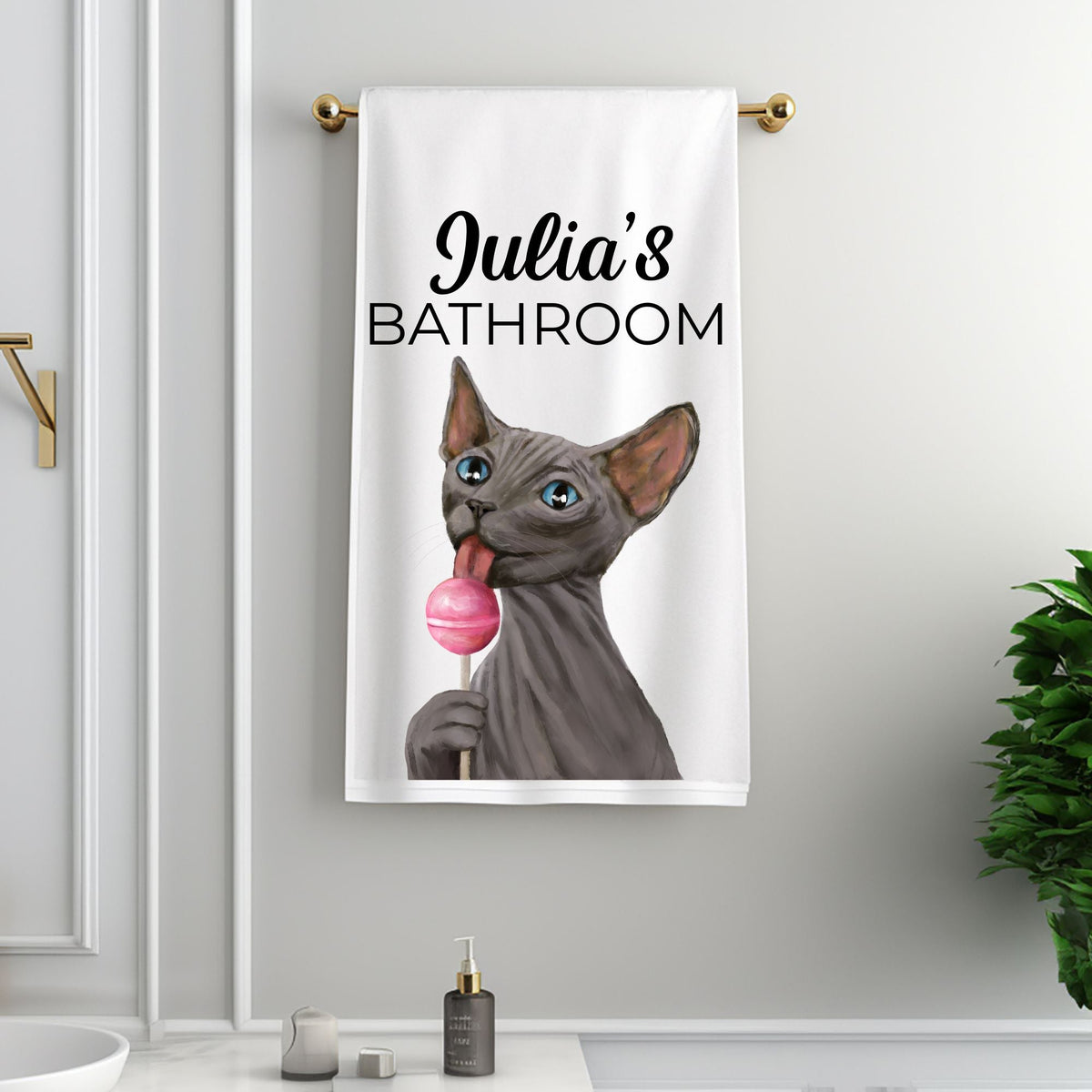 Sphynx Cat with Pink Lollipop Bathroom Towel - MerikaArt