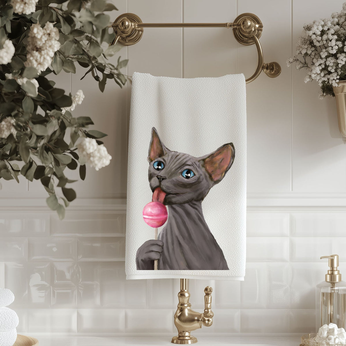 Sphynx Cat with Pink Lollipop Bathroom Towel - MerikaArt
