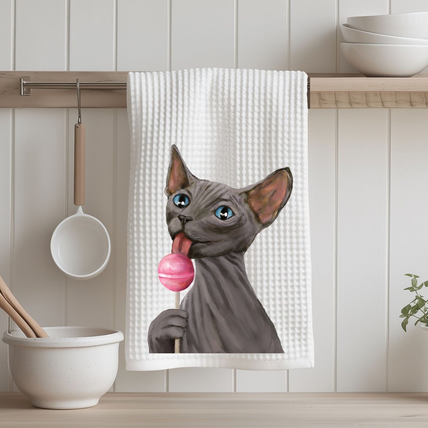 Sphynx Cat with Pink Lollipop Kitchen Towel - MerikaArt
