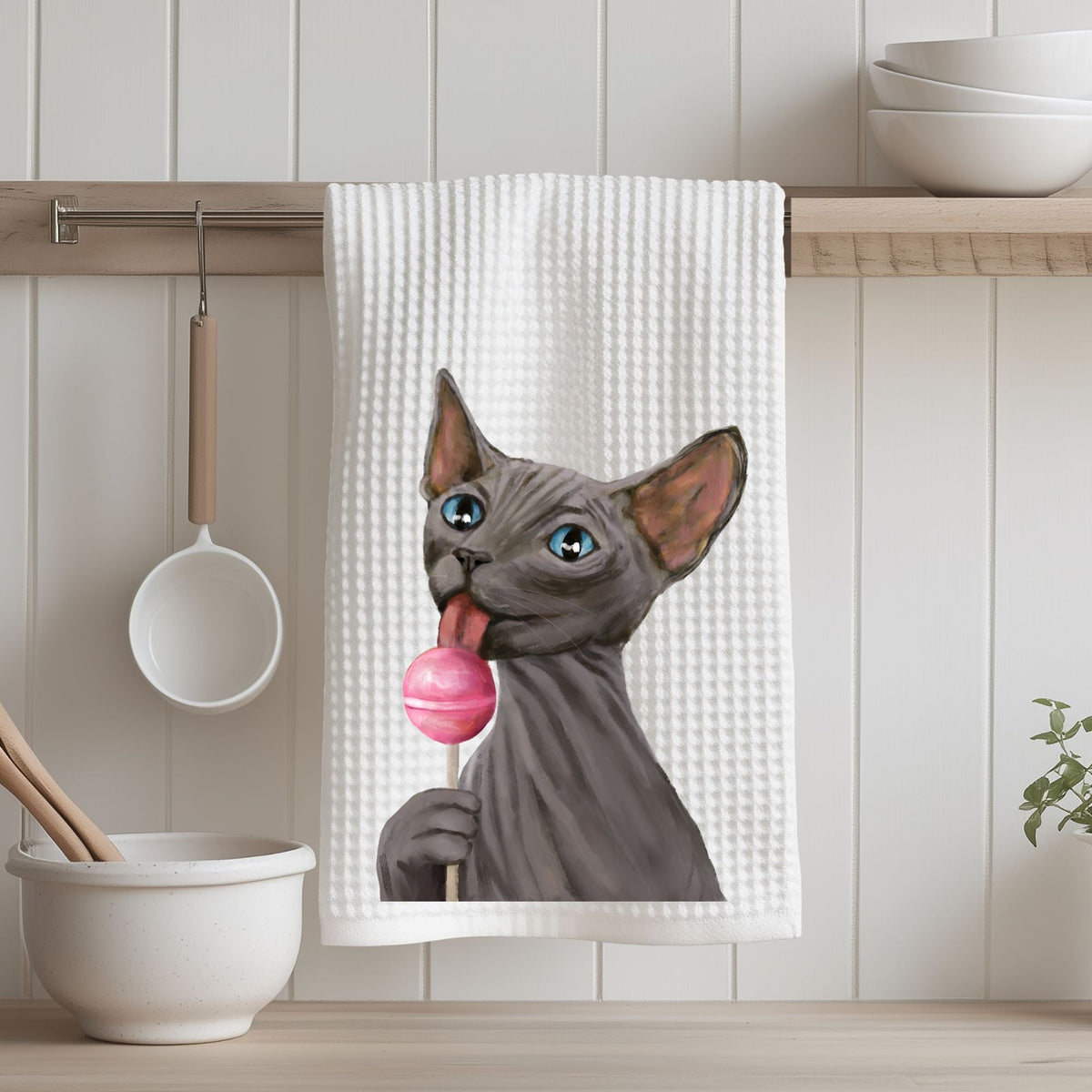 Sphynx Cat with Pink Lollipop Kitchen Towel - MerikaArt