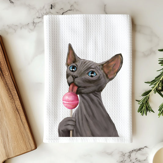 Sphynx Cat with Pink Lollipop Kitchen Towel - MerikaArt