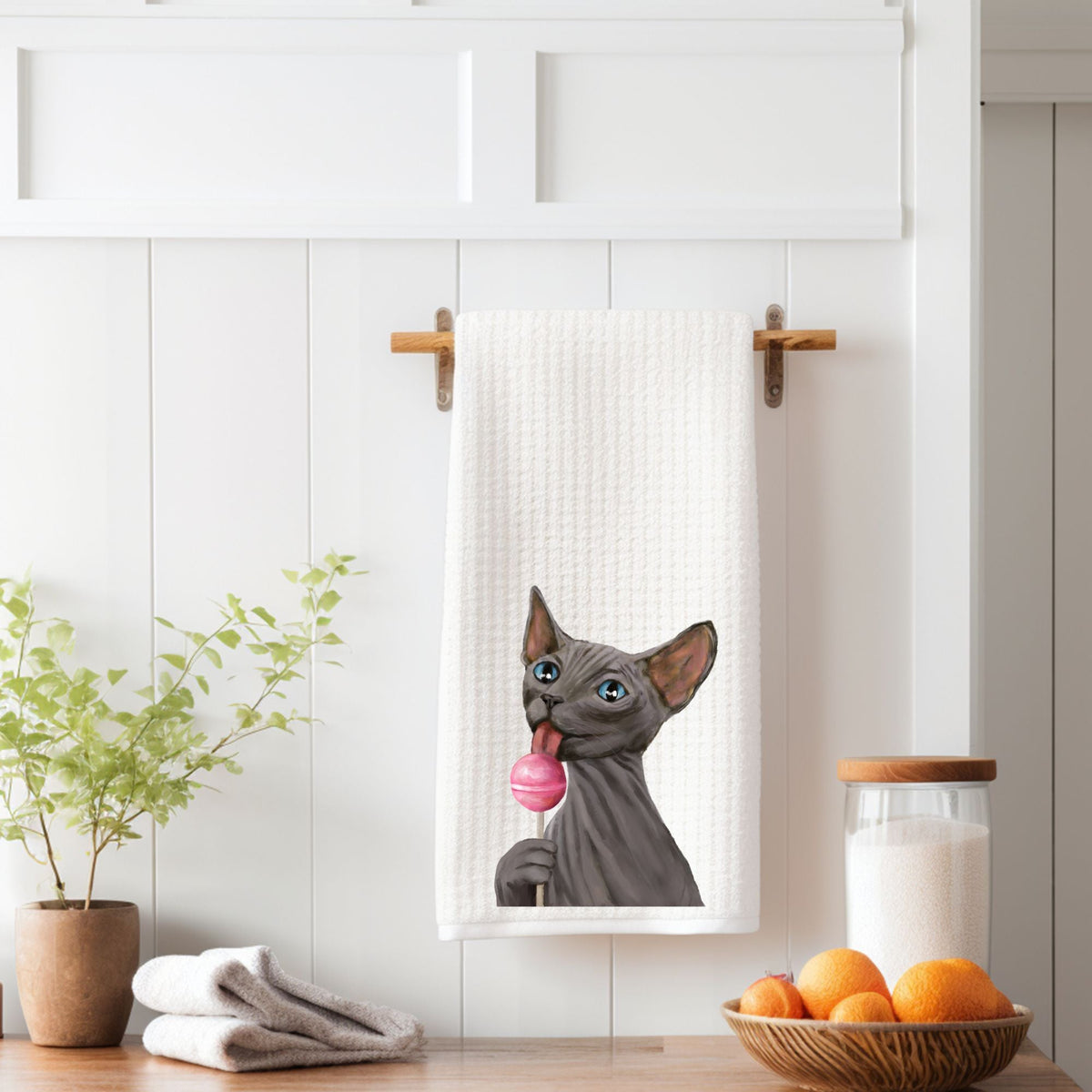 Sphynx Cat with Pink Lollipop Kitchen Towel - MerikaArt