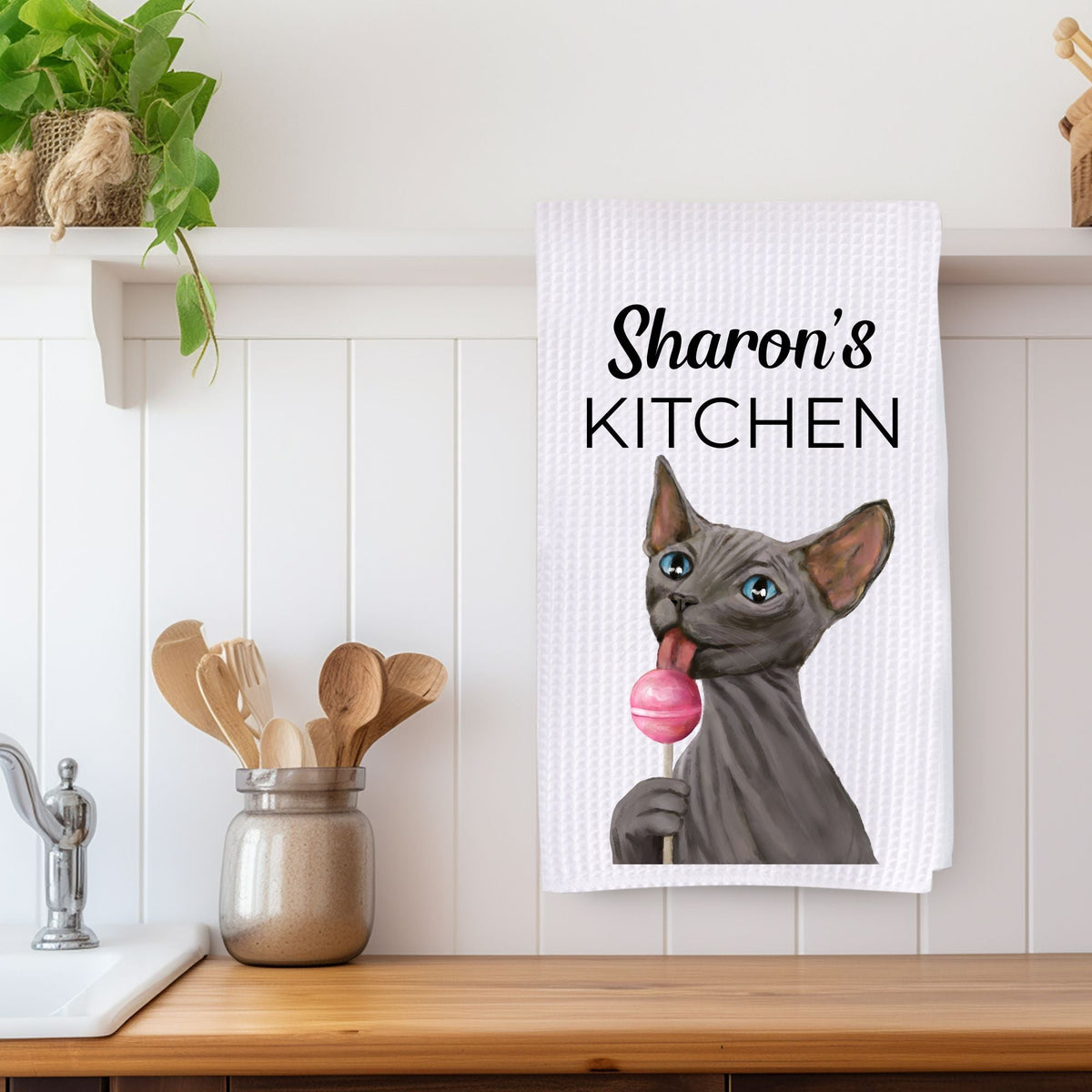 Sphynx Cat with Pink Lollipop Kitchen Towel - MerikaArt