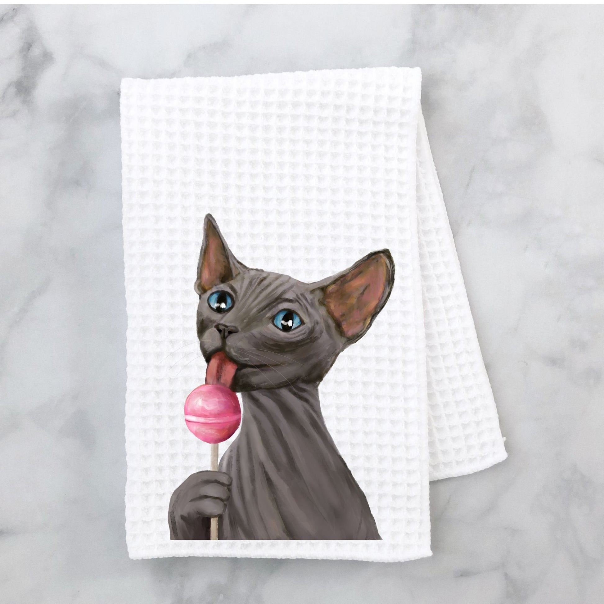 Sphynx Cat with Pink Lollipop Kitchen Towel - MerikaArt