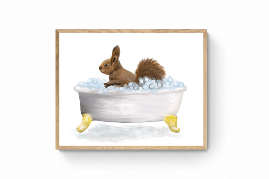 Squirrel Bathing Print, Animals In Bathtub, Bathroom Wall Art, Memorial Painting, Squirrel Relaxing In Bath Artwork, Animal Lover - MerikaArt