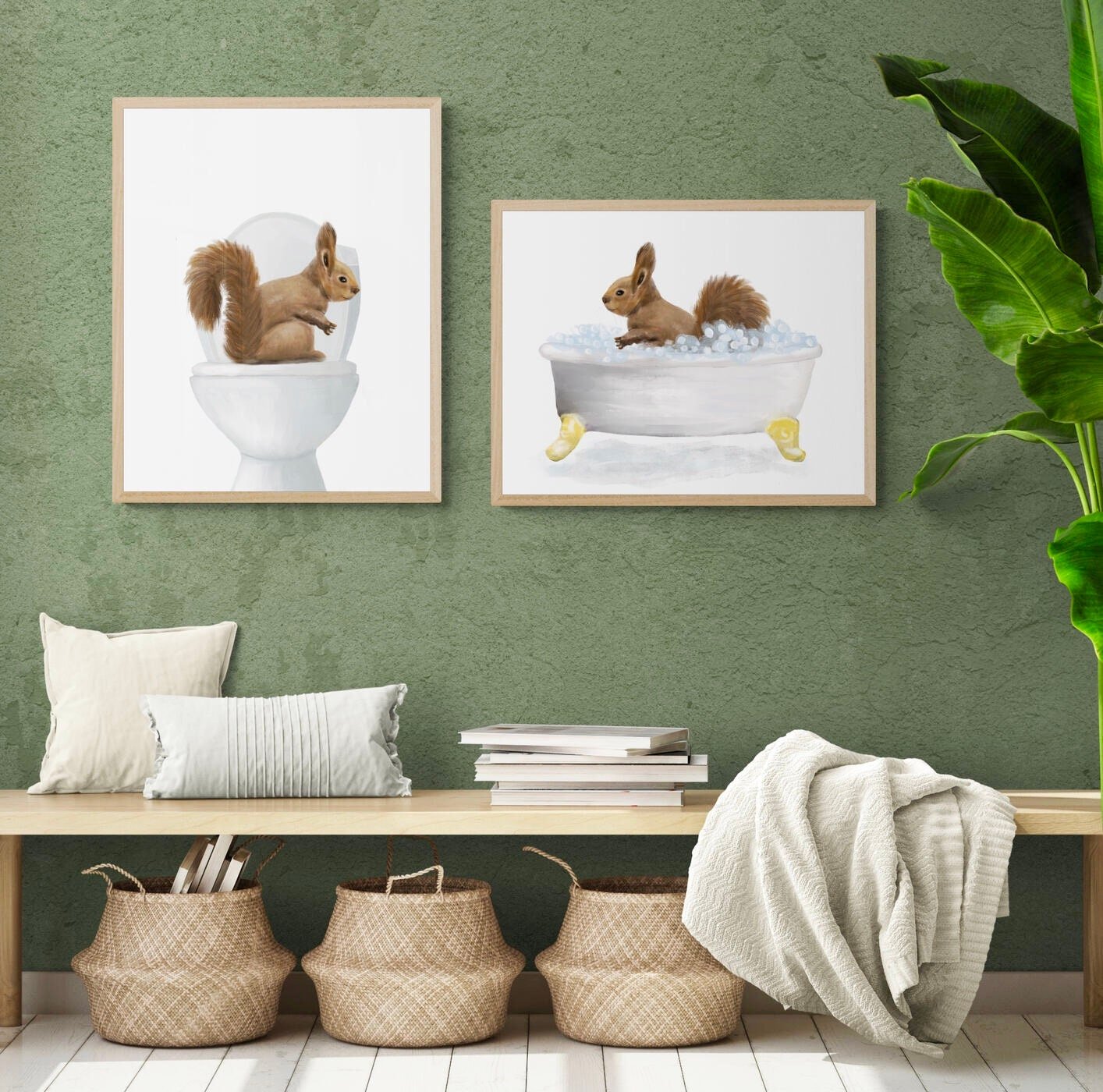 Squirrel in Bathroom Set of 2 Print, Animals In Bathtub and on Toilet Art, Squirrel Relaxing In Bath Artwork, Backyard Animals, Animal Lover - MerikaArt