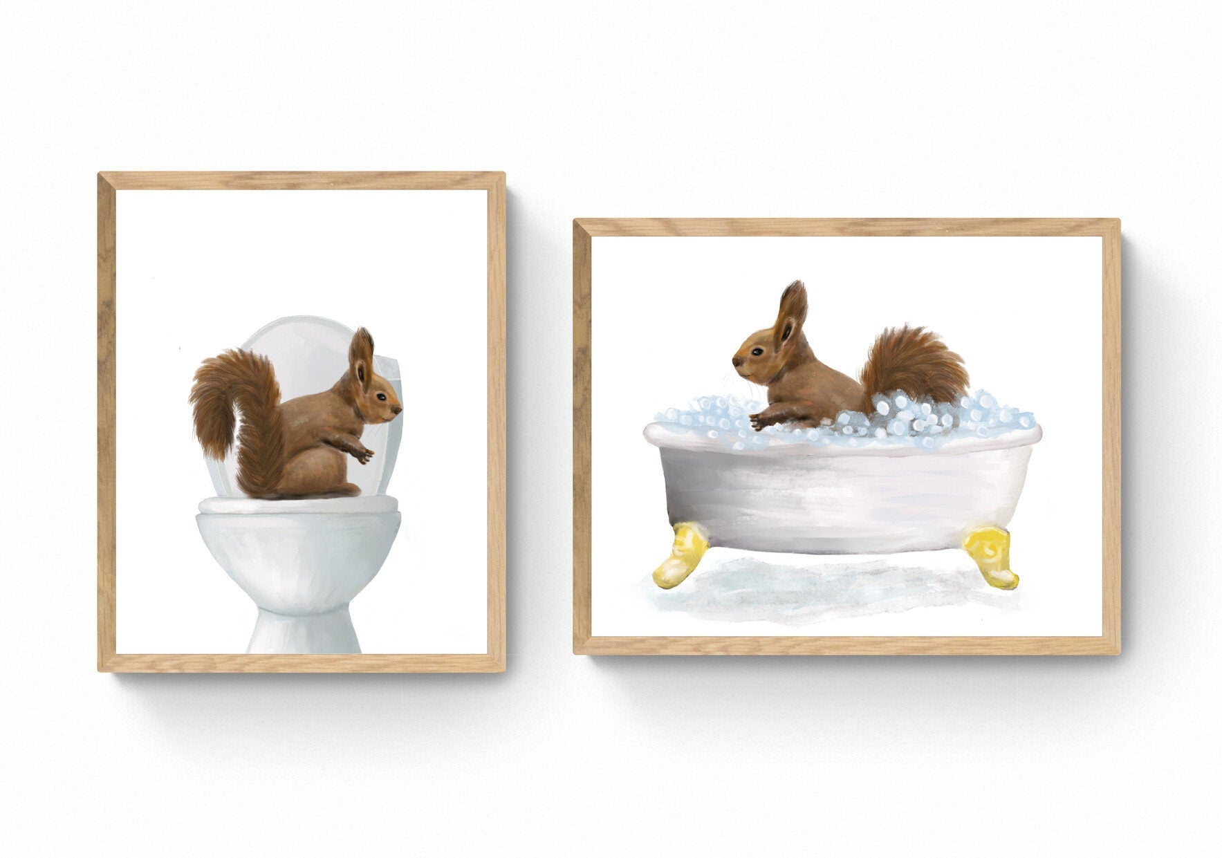 Squirrel in Bathroom Set of 2 Print, Animals In Bathtub and on Toilet Art, Squirrel Relaxing In Bath Artwork, Backyard Animals, Animal Lover - MerikaArt