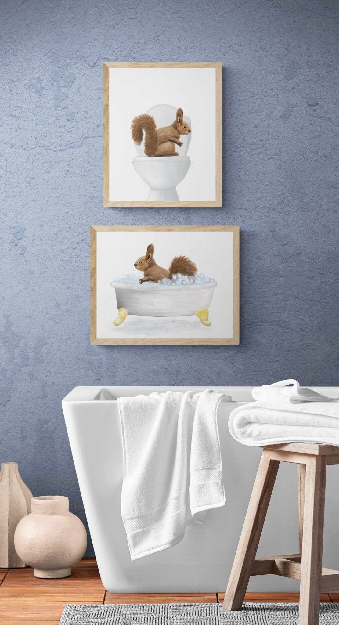 Squirrel in Bathroom Set of 2 Print, Animals In Bathtub and on Toilet Art, Squirrel Relaxing In Bath Artwork, Backyard Animals, Animal Lover - MerikaArt