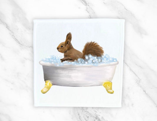 Squirrel in Bathtub Washcloth | "Bubbly Bath Time Fun" - MerikaArt